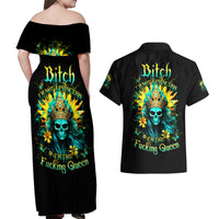 Sunflower Skull Couples Matching Off Shoulder Maxi Dress and Hawaiian Shirt Bitch I'm Not A Princess I'm The Fucking Queen - Wonder Print Shop