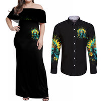 Sunflower Skull Couples Matching Off Shoulder Maxi Dress and Long Sleeve Button Shirt Bitch I'm Not A Princess I'm The Fucking Queen - Wonder Print Shop