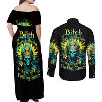 Sunflower Skull Couples Matching Off Shoulder Maxi Dress and Long Sleeve Button Shirt Bitch I'm Not A Princess I'm The Fucking Queen - Wonder Print Shop