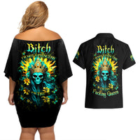 Sunflower Skull Couples Matching Off Shoulder Short Dress and Hawaiian Shirt Bitch I'm Not A Princess I'm The Fucking Queen - Wonder Print Shop