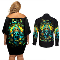 Sunflower Skull Couples Matching Off Shoulder Short Dress and Long Sleeve Button Shirt Bitch I'm Not A Princess I'm The Fucking Queen - Wonder Print Shop