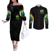 Sunflower Skull Couples Matching Off The Shoulder Long Sleeve Dress and Long Sleeve Button Shirt Bitch I'm Not A Princess I'm The Fucking Queen