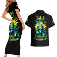 Sunflower Skull Couples Matching Short Sleeve Bodycon Dress and Hawaiian Shirt Bitch I'm Not A Princess I'm The Fucking Queen - Wonder Print Shop