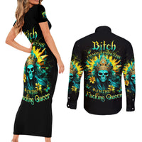 Sunflower Skull Couples Matching Short Sleeve Bodycon Dress and Long Sleeve Button Shirt Bitch I'm Not A Princess I'm The Fucking Queen - Wonder Print Shop