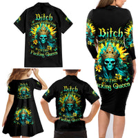 Sunflower Skull Family Matching Long Sleeve Bodycon Dress and Hawaiian Shirt Bitch I'm Not A Princess I'm The Fucking Queen - Wonder Print Shop