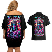 Thunder Skull Couples Matching Off Shoulder Short Dress and Hawaiian Shirt Bitch I'm Not A Princess I'm The Fucking Queen - Wonder Print Shop