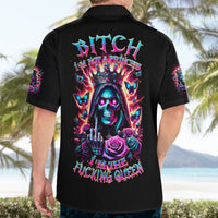 Black Hawaiian shirt with large colorful skull, crown, roses, and butterflies graphic on back
