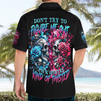 Black Hawaiian shirt with back skull-and-rose graphic and colorful quote text