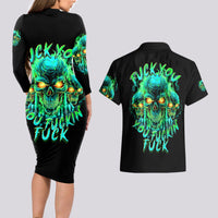 Flame Skull Couples Matching Long Sleeve Bodycon Dress and Hawaiian Shirt Fuck You You Fuckin Fuck - Wonder Print Shop
