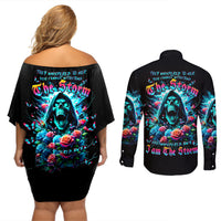 Rose Skull Couples Matching Off Shoulder Short Dress and Long Sleeve Button Shirt She Whispered Back Iam The Storm - Wonder Print Shop