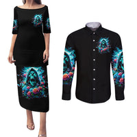 Rose Skull Couples Matching Puletasi and Long Sleeve Button Shirt She Whispered Back Iam The Storm - Wonder Print Shop
