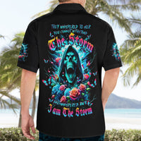Black Hawaiian button-up shirt with colorful back skull, roses, and storm text graphic