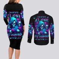 Rose Skull Couples Matching Long Sleeve Bodycon Dress and Long Sleeve Button Shirt I'm Never Alone My Demon Are With Me 24/7 - Wonder Print Shop