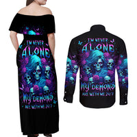 Rose Skull Couples Matching Off Shoulder Maxi Dress and Long Sleeve Button Shirt I'm Never Alone My Demon Are With Me 24/7 - Wonder Print Shop