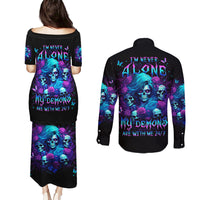 Rose Skull Couples Matching Puletasi and Long Sleeve Button Shirt I'm Never Alone My Demon Are With Me 24/7 - Wonder Print Shop