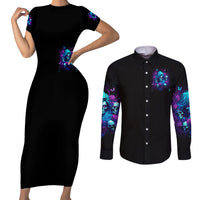Rose Skull Couples Matching Short Sleeve Bodycon Dress and Long Sleeve Button Shirt I'm Never Alone My Demon Are With Me 24/7 - Wonder Print Shop