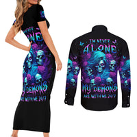 Rose Skull Couples Matching Short Sleeve Bodycon Dress and Long Sleeve Button Shirt I'm Never Alone My Demon Are With Me 24/7 - Wonder Print Shop