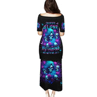Rose Skull Family Matching Puletasi and Hawaiian Shirt I'm Never Alone My Demon Are With Me 24/7 - Wonder Print Shop