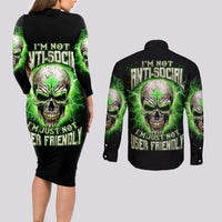 Thunder Skull Couples Matching Long Sleeve Bodycon Dress and Long Sleeve Button Shirt I'm Not Anti-Social I Must Not User Friendly - Wonder Print Shop