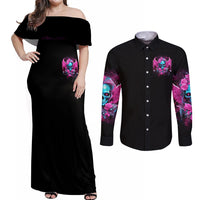 Skull Lady Couples Matching Off Shoulder Maxi Dress and Long Sleeve Button Shirt In My Next Life I Want To Be The Karma Fairy - Wonder Print Shop