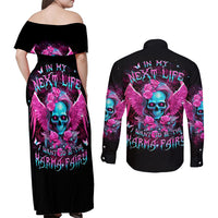Skull Lady Couples Matching Off Shoulder Maxi Dress and Long Sleeve Button Shirt In My Next Life I Want To Be The Karma Fairy - Wonder Print Shop