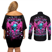 Skull Lady Couples Matching Off Shoulder Short Dress and Long Sleeve Button Shirt In My Next Life I Want To Be The Karma Fairy - Wonder Print Shop
