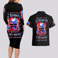 Flame Skull Couples Matching Long Sleeve Bodycon Dress and Hawaiian Shirt My Give A Fuck Is Broken But My Go Fuck Yourself Is Fully Functional - Wonder Print Shop