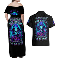 Skull Lady Couples Matching Off Shoulder Maxi Dress and Hawaiian Shirt Rose Skull She Whispered Back Iam The Storm - Wonder Print Shop
