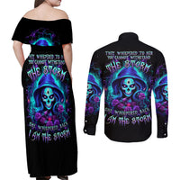 Skull Lady Couples Matching Off Shoulder Maxi Dress and Long Sleeve Button Shirt Rose Skull She Whispered Back Iam The Storm - Wonder Print Shop