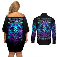 Skull Lady Couples Matching Off Shoulder Short Dress and Long Sleeve Button Shirt Rose Skull She Whispered Back Iam The Storm - Wonder Print Shop