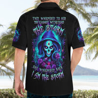 Black Hawaiian shirt back view with glowing skull-woman under storm and purple rose graphic