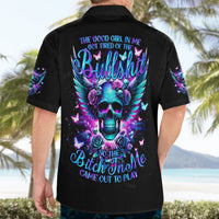 Black Hawaiian shirt back with purple skull, wings, roses, and text graphic; short sleeves