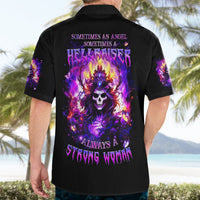 Black Hawaiian shirt with purple skull back print, short sleeves, button front