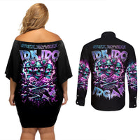 Rose Skull Couples Matching Off Shoulder Short Dress and Long Sleeve Button Shirt Stuck Between IDK IDC And IDGAF - Wonder Print Shop