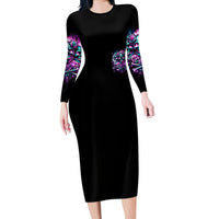 Rose Skull Long Sleeve Bodycon Dress Stuck Between IDK IDC And IDGAF - Wonder Print Shop