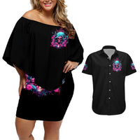 Black off-shoulder short dress with colorful skull front print, plus black button shirt front