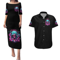 Black couples dress & Hawaiian shirt set with colorful skull graphic, front views