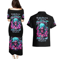Black couples dress & Hawaiian shirt set with colorful skull graphic, back and front