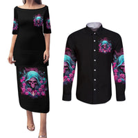Black short-sleeve dress and long-sleeve button shirt with colorful skull print