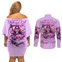 Reaper Skull Couples Matching Off Shoulder Short Dress and Long Sleeve Button Shirt Warning This Tattooed Girl Doesn't Play Well With Stupid People - Wonder Print Shop