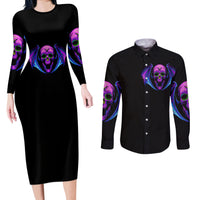 Bat Skull Couples Matching Long Sleeve Bodycon Dress and Long Sleeve Button Shirts Bat Skull Hello Darkness My Old Friend - Wonder Print Shop