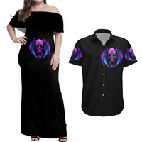 Bat Skull Couples Matching Off Shoulder Maxi Dress and Hawaiian Shirt Bat Skull Hello Darkness My Old Friend - Wonder Print Shop