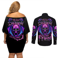 Bat Skull Couples Matching Off Shoulder Short Dress and Long Sleeve Button Shirts Bat Skull Hello Darkness My Old Friend - Wonder Print Shop