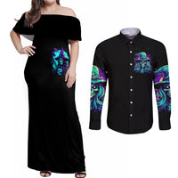 Witch Skull Couples Matching Off Shoulder Maxi Dress and Long Sleeve Button Shirts Skull Witch Hello Darkness My Old Friend - Wonder Print Shop
