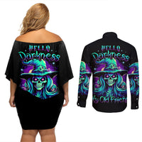 Witch Skull Couples Matching Off Shoulder Short Dress and Long Sleeve Button Shirts Skull Witch Hello Darkness My Old Friend - Wonder Print Shop