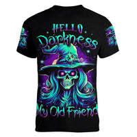 Witch Skull Women V Neck T Shirt Skull Witch Hello Darkness My Old Friend - Wonder Print Shop