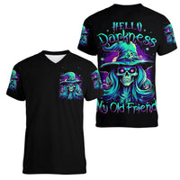 Witch Skull Women V Neck T Shirt Skull Witch Hello Darkness My Old Friend - Wonder Print Shop