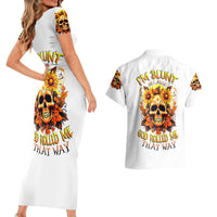 Sunflower Skull Couples Matching Short Sleeve Bodycon Dress and Hawaiian Shirt Sunflower I'm Blunt Because God Rolled Me That Way - Wonder Print Shop