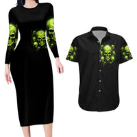 Thunder Skull Couples Matching Long Sleeve Bodycon Dress and Hawaiian Shirt Thunder Skull I Never Alone My Demon With Me 24/7 - Wonder Print Shop