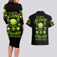 Thunder Skull Couples Matching Long Sleeve Bodycon Dress and Hawaiian Shirt Thunder Skull I Never Alone My Demon With Me 24/7 - Wonder Print Shop